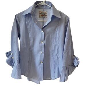 Fine Garments by Bell Blue White Stripe Ruffle Cuff Button Up Shirt Sz 2